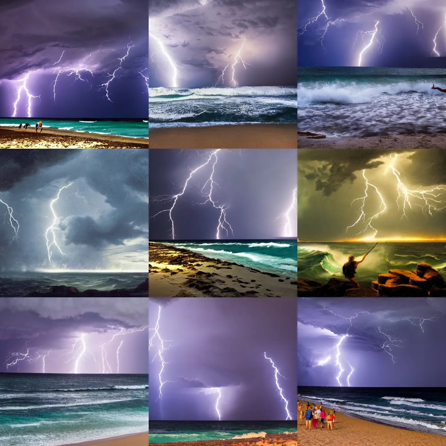 Prompt: poseidon emerging from the filyos beach with lightnings and a huge storm in the background, hd