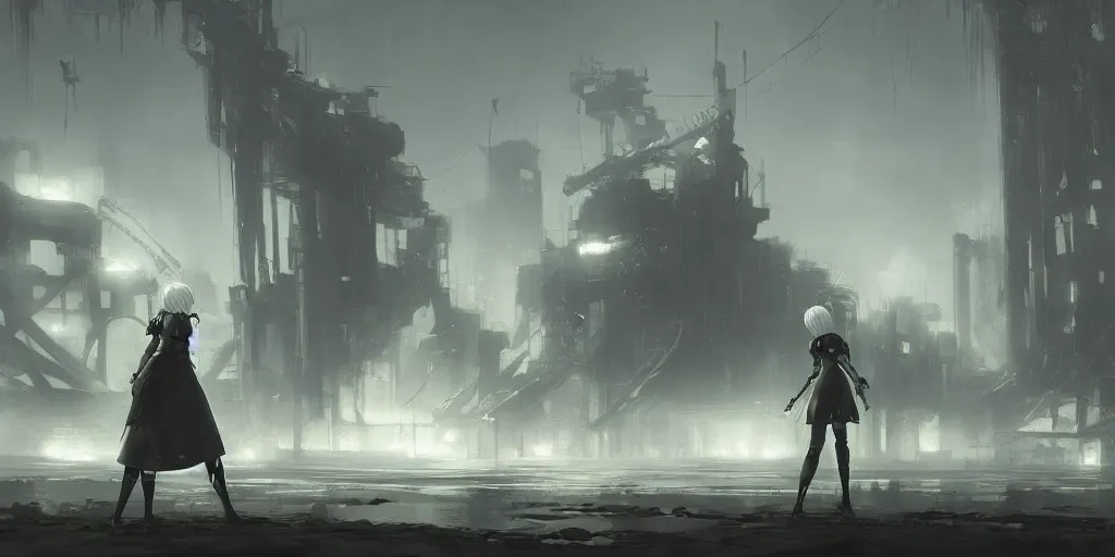 Prompt: an environmental concept art of nier automata, highly detailed, 2 b, environmental light, cinematic by francis tneh