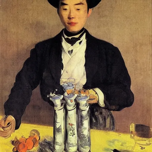 Image similar to portrait of a male chinese robot bartender by edouard manet