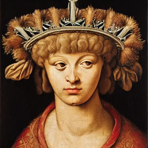 Image similar to a renaissance style portrait of a wild boar (Sus scrofa) wearing a crown and a cape, dark background