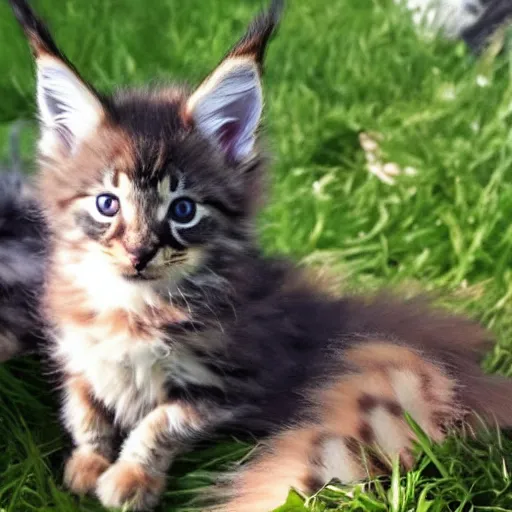 Prompt: a super cute maine coon coyote kitten