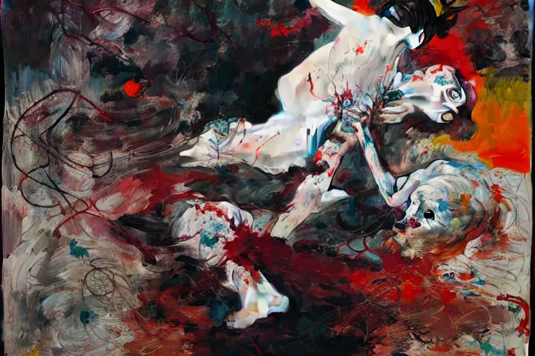 Prompt: the physical impossibility of death, bodies entwined, gothic, rich deep colours, painted by francis bacon, adrian ghenie, james jean and petra cortright, part by gerhard richter, part by takato yamamoto. 8 k masterpiece