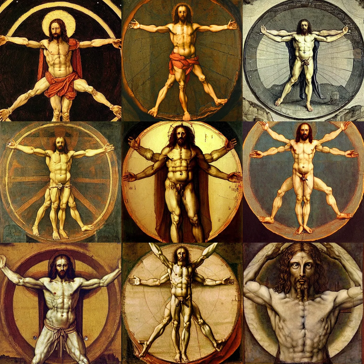 Prompt: highly detailed painting of jezus as the vitruvian man by leonardo da vinci