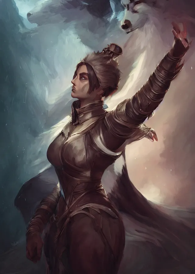 Prompt: a noble knight women raise her hand to summon her raccoon spirit above her, by artgerm, charlie bowater, inspired by dragon age inquisition featured on artstation