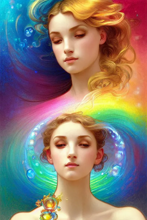 Image similar to bust of a rainbow woma , fantasy, gradient rainbow, dreamy and ethereal, blue eyes, golden ratio, peaceful expression, ornate frilly dress, fantasy, intricate, elegant, rainbow bubbles, highly detailed, digital painting, artstation, concept art, smooth,b sharp focus, illustration, art by artgerm and greg rutkowski and alphonse mucha