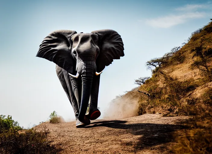 Image similar to dslr photo still of an elephant jumping from a mountain, 4 k, 1 2 0 mm f 1 6