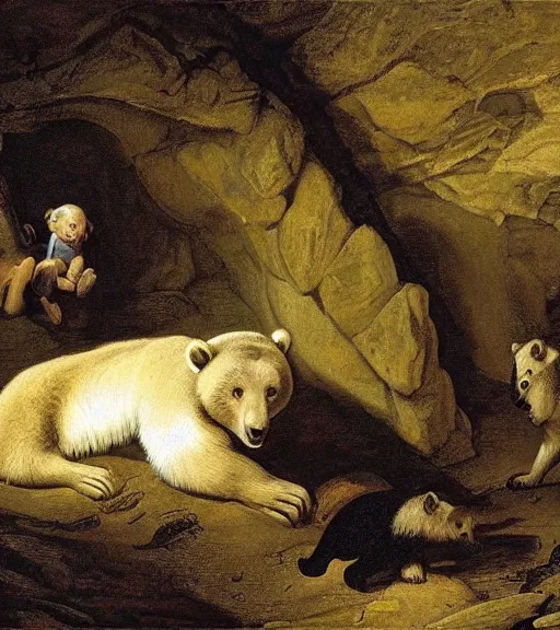 Image similar to looking to a cave with a mother bear and her cubs sleeping in a dark cave, night time, artwork by Pieter Claesz