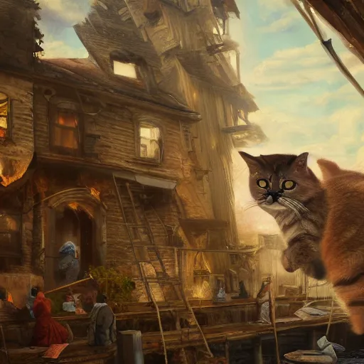 Image similar to a highly detailed oil painting of a giant cat smashing houses, renaissance, bystanders watching from the sides, 4 k, by ariduka 5 5, monokubo, artstation,