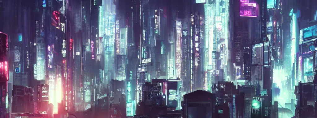 Image similar to matte painting of a dark neon cyberpunk city in the film ghost in the shell, trending on artstation, 8k, ultra hd