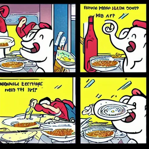 Prompt: White elephants eat instant noodles, comic style.-n 4