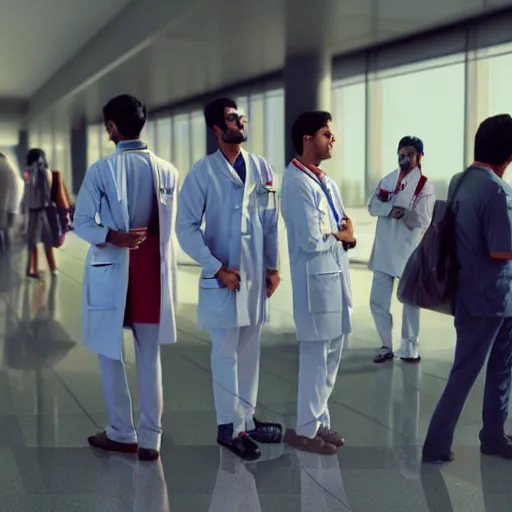 Image similar to Anxious good looking young Indian doctors in American clothes waiting at an airport, by Feng Zhu, highly detailed, excellent composition, cinematic concept art, dramatic lighting, trending on ArtStation