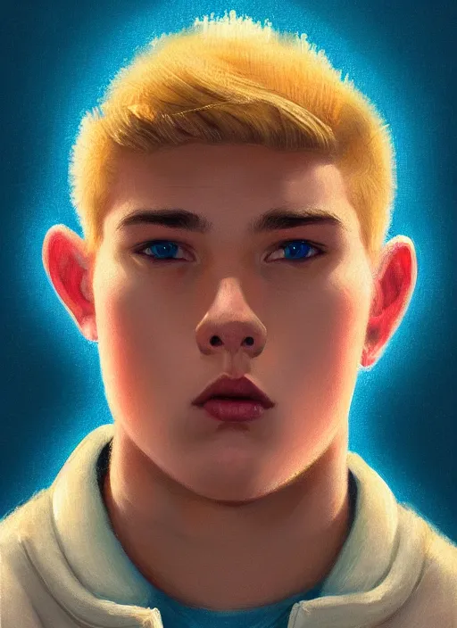 Image similar to portrait of a high school senior boy named big moose, blonde short hair, jock, beefy, wide face, square jaw, square facial structure, blue varsity jacket, intricate, elegant, glowing lights, highly detailed, digital painting, artstation, concept art, smooth, sharp focus, illustration, art by wlop, mars ravelo and greg rutkowski