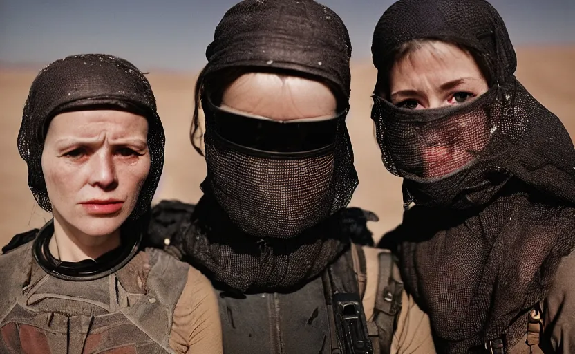 Image similar to cinestill 5 0 d photographic portrait by helen levitt of a female android couple wearing rugged black mesh techwear on a desolate plain, extreme closeup, modern cyberpunk, dust storm, 8 k, hd, high resolution, 3 5 mm, f / 3 2, ultra realistic faces, ex machina