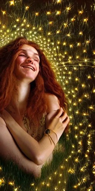 Image similar to a totally amazed smiling pretty woman surrounded by golden firefly lights in a mesmerizing scene, sitting amidst nature fully covered! intricate detailed bohemian outfit, long loose red hair, precise linework, accurate green eyes, small nose with freckles, beautiful smooth oval head, expressive emotions, hyper realistic ultrafine portrait by artemisia gentileschi, jessica rossier, greg rutkowski