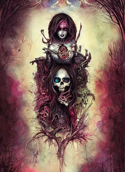 Image similar to alice's sister, death tarot card, highly detailed, half skull face, cinematic, 8 k, by megan duncanson, benjamin lacombe, adrian borda, stanley artgermm, tom bagshaw, craig mullins, carne griffiths, ayami kojima, beksinski, giger, trending on deviantart, hyper detailed, horror, full of colour