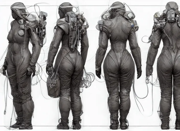 Image similar to front and back character view of a woman in scientist's jacket with a system of straps and pouches for collecting material by Donato Giancola, Trending on artstation, cgsociety and pixiv clean sci-fi concept art and sheet