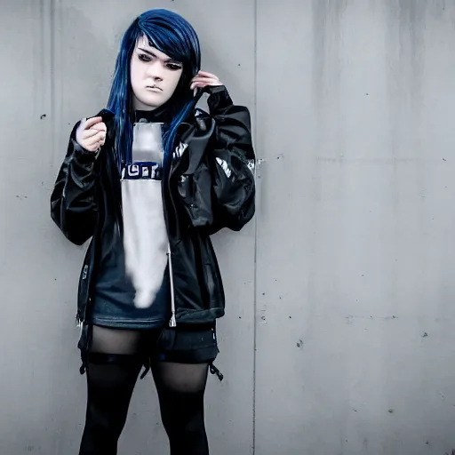 Prompt: 2000's emo scene girl in a techwear outfit, award winning photo, 8k, high quality,
