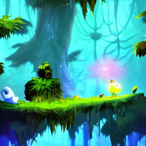 Prompt: rayman in the Ori blind forest