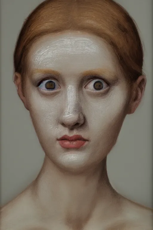 Prompt: hyperrealism extreme close-up portrait of medieval ginger female, black dots on face, pale skin, wearing dark silk, in style of classicism