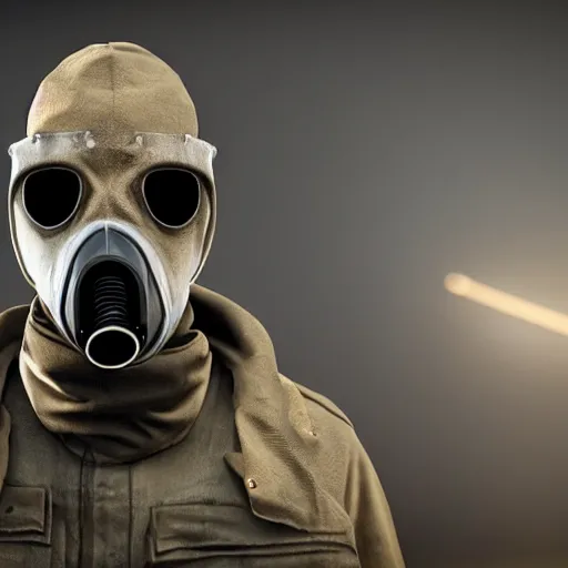 Image similar to hooden villain wearing a gas mask with smoke coming out of his body, dark background, unreal engine 5, ultra realistic, detailed, fog,