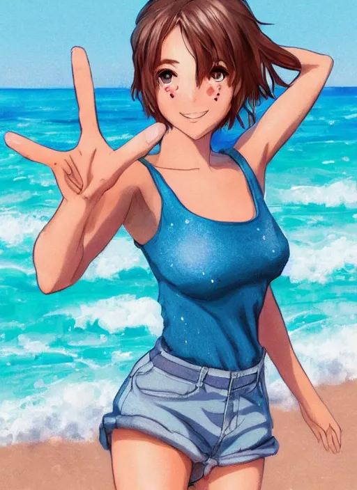 Image similar to girl at a beach holding up a peace sign, happy, beautiful, finely detailed, made by artgerm, full body portrait, illustration, sparkling water, shinny sand, sunny, anime, front view, perfect anime face, realistic face, zoomed out, smooth, blue eyes, high waisted shorts, sharp focus