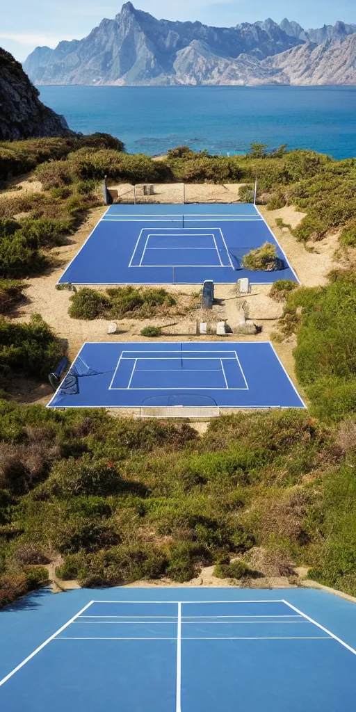 Image similar to Tennis court between mountains and sea. the style of National Geographic magazine