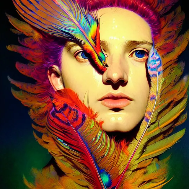 Prompt: face of young freckly psychedelic transcendent feather mind bending psychedelic wings of glossy liquid honey flowing like kaleidoscopic translucent holograph, lsd feathers, feathery fluff, enlightenment, high contrast dappled lighting, refracted sunset, highly detailed, concept art, art by collier, albert aublet, krenz cushart, artem demura, alphonse mucha