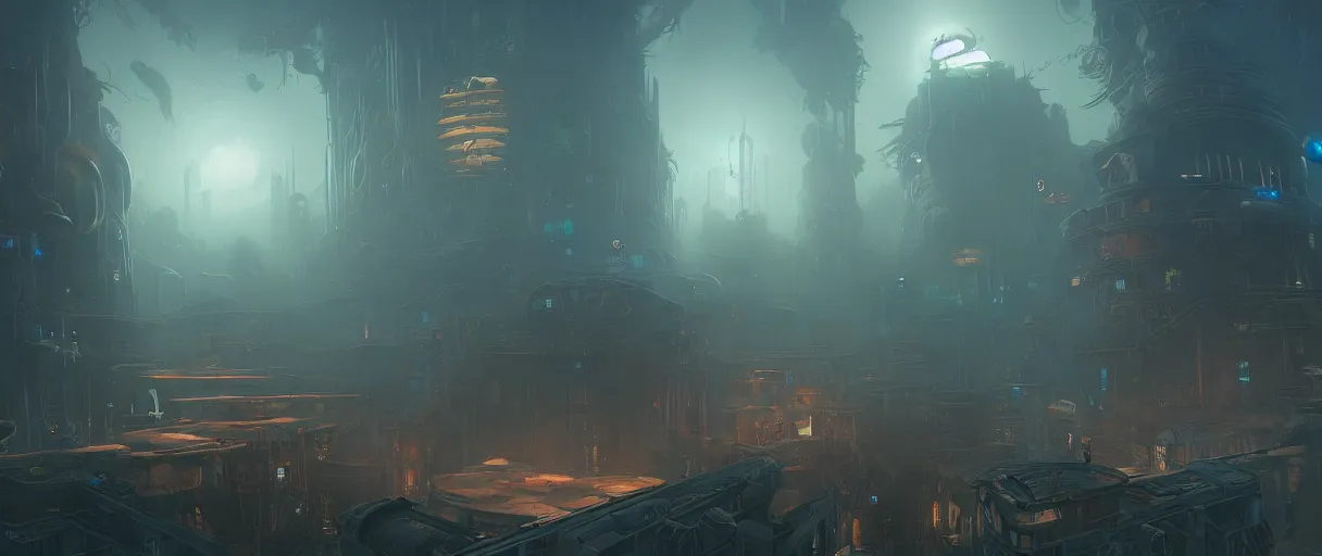 Prompt: digital painting of an underwater dystopian city, rapture from bio shock, style of Ralph Mcquarrie, concept art, high angle, high detail, cold lighting, dark, vivid, beautiful, caustics, trending on artstation, by Jordan grimmer, no focus, huge scene