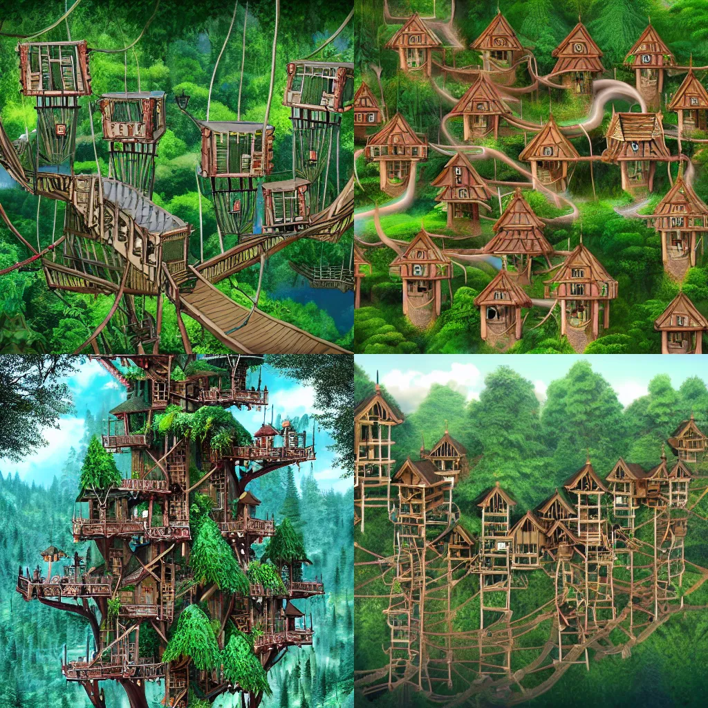 Prompt: treetop elf village made up of treehouses and connected by rope bridges, detailed digital art trending in artstation