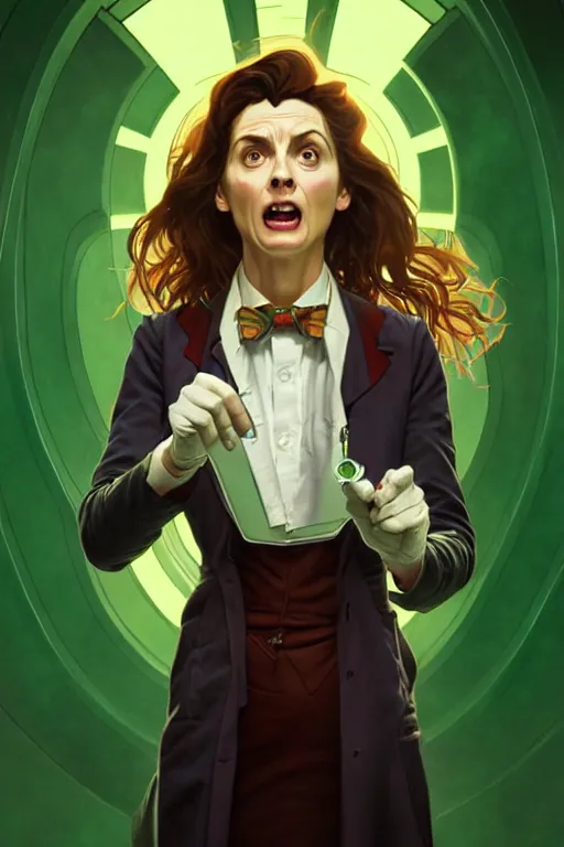 Image similar to doctor who, woman, as a mad dentist, on a plain green background, art by artgerm and greg rutkowski and alphonse mucha