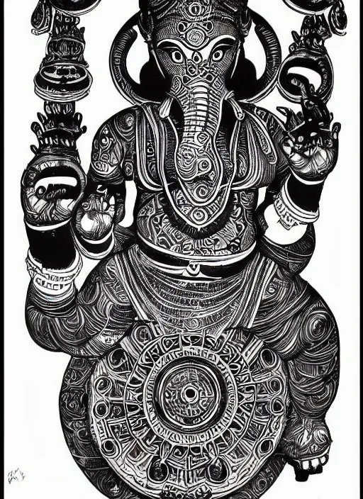 Image similar to black ink line art drawing, 6 armed ganesh dancing holding an old school boombox, high details, intricately detailed, by vincent di fate, artgerm julie bell beeple, inking, 1 9 9 0 s, vintage 9 0 s print, screen print