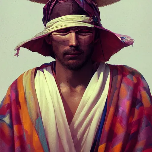 Image similar to portrait of a blindfolded man in multicolored robes, a large straw hat, detailed face, highly detailed, cinematic lighting, digital art painting by greg rutkowski