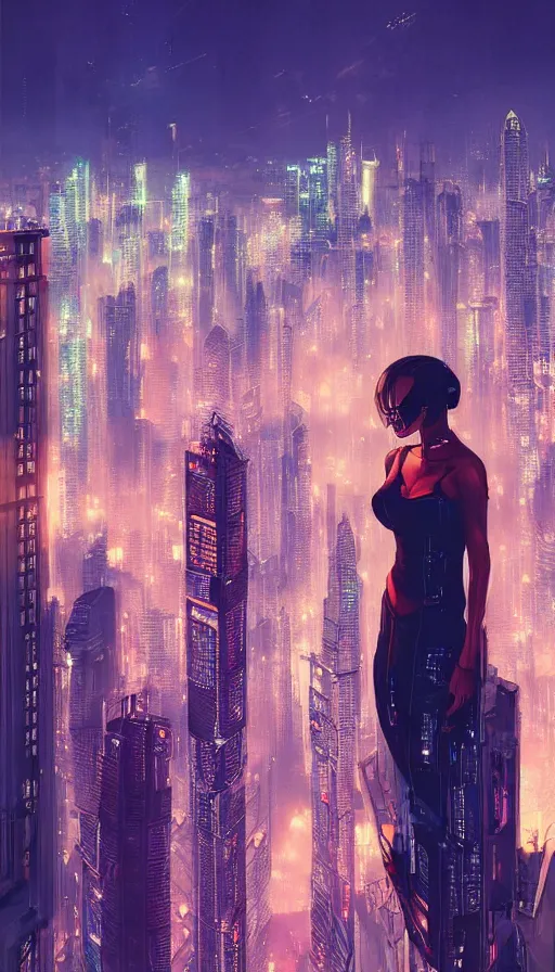 Image similar to night portrait of cyberpunk show girl on a roof, looking up at cityscape of vertical cyberpunk city with high towers, shanghai, Alena Aenami and artgerm