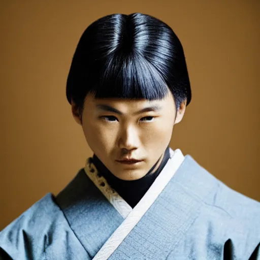 Prompt: fashion magazine head and shoulders portrait photo of a samurai