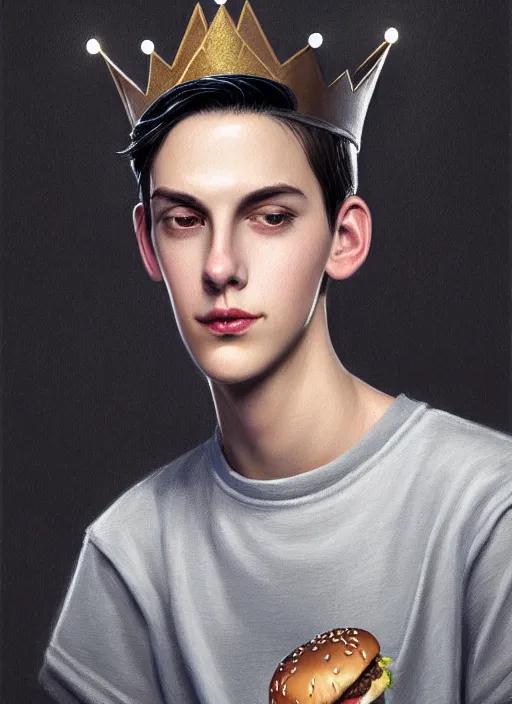 Image similar to portrait of teenage jughead jones wearing a light grey crown, crown, hamburger background, eyes closed, crown, black hair, intricate, elegant, glowing lights, warm lighting, highly detailed, digital painting, artstation, concept art, smooth, sharp focus, illustration, art by wlop, mars ravelo and greg rutkowski