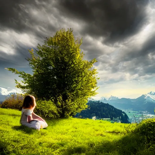 Image similar to a beautiful photograph of a girl with switzerland landscape in the background with trees, hdr, 8 k, high quality, sharp focus, artstation, highly detailed, award - winning, dramatic lighting, beautiful clouds, and nature