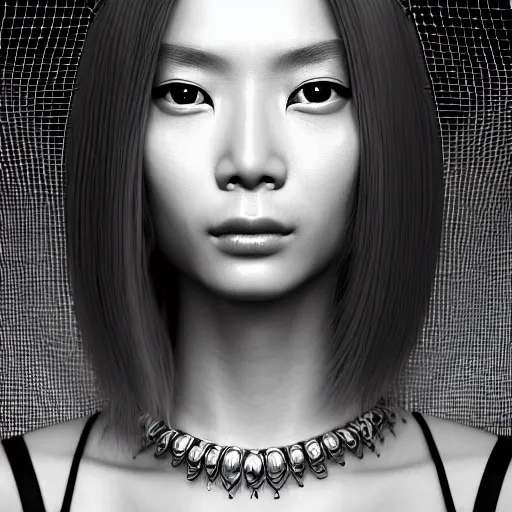 Image similar to closeup portrait of a sophisticated, fashionable cyberpunk young asian woman, rich queen, ruler of the world, medium length straight hair, high tech jewelry, an ultrafine hyperdetailed illustration by irakli nadar, matt wisniewski style, intricate linework, porcelain skin, unreal engine 5 highly rendered, global illumination, radiant light, detailed and intricate environment