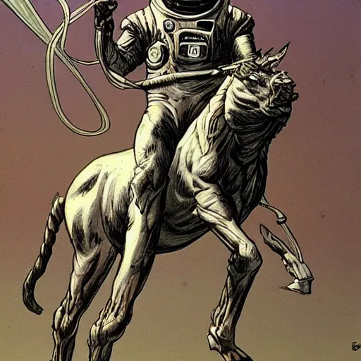 Image similar to Centaur wearing a spacesuit. Concept art by James Gurney and Moebius.