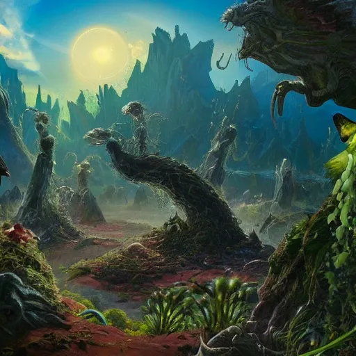 Image similar to An otherwordly, alien landscape with strange plants and creatures.