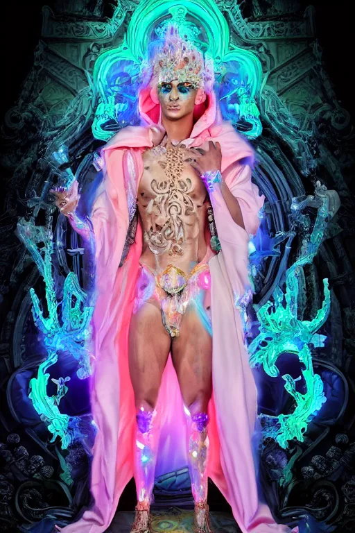 Prompt: full-body rococo and cyberpunk delicate neon crystalline sculpture of ((handsome muscular onyx albino prince Zayn Malik)) as an blue iridescent humanoid deity wearing ((peach plastic hooded cloak)) (holding an onyx skull) in a onyx castle dungeon, reclining, glowing pink face, crown of (pink lasers), large blue diamonds, swirling black silk fabric. futuristic elements. oozing glowing liquid, full-length view. space robots. intricate artwork by caravaggio. Trending on artstation, octane render, cinematic lighting from the right, hyper realism, octane render, 8k, depth of field, 3D