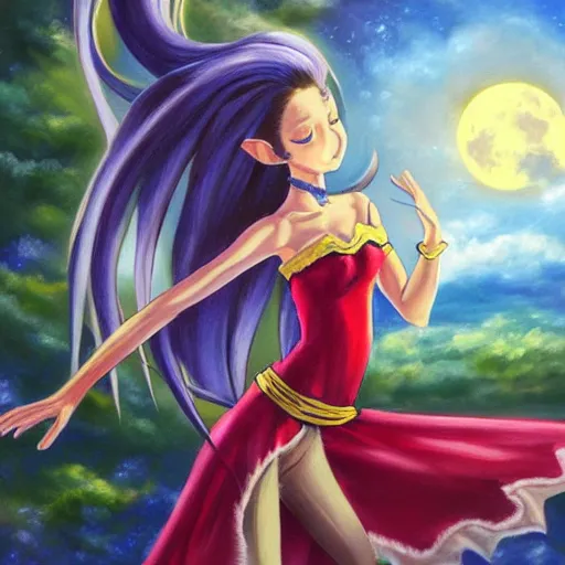 Prompt: oil painting of a long hair anime woman ELF dancing in the moonlight l Trending on Pixiv