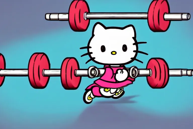 Prompt: animated cartoon film of hello kitty exercising at the gym, hello kitty has big muscles, barbells