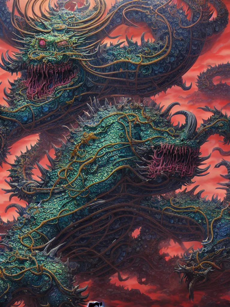 Prompt: realistic detailed image of Technological Nightmare Abomination Monster God by Hou Yimin, Dan Howard, Allan Houser, Alice Hunt and Peter Hurd, Neo-Pagan, rich deep colors. Painting by Byun Shi Ji and Jiang Feng masterpiece