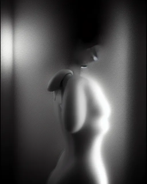 Image similar to black and white high quality photo of a beautiful female AI vegetal-cyborg looking into a sci-fi mirror, volumetric lighting, liminal space, brutalism, foggy, dreamy, hyperdetailed, bokeh, photorealistic, cinematic, masterpiece, elegant, dark, by Man Ray in the style of Horst P. Horst, octane render, 8K,