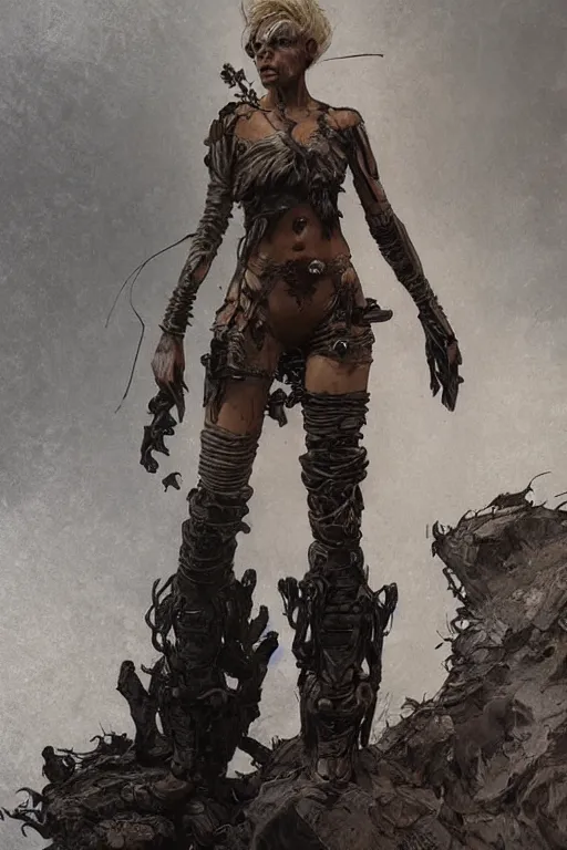 Image similar to a full body portrait of a beautiful post apocalyptic offworld nordic bounty hunter dancing reposed by the magma pits, intricate, elegant, highly detailed, digital painting, artstation, concept art, smooth, sharp focus, illustration, art by krenz cushart and artem demura and alphonse mucha