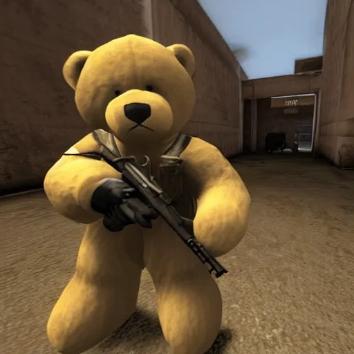 Prompt: a screenshot of a teddy bear inside a counter strike game, the teddy bear is holding a gun