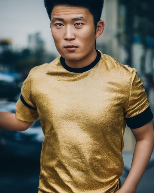 Prompt: hyper realistic photo of an asian male, gold, 8 k, 8 5 mm f 1. 8