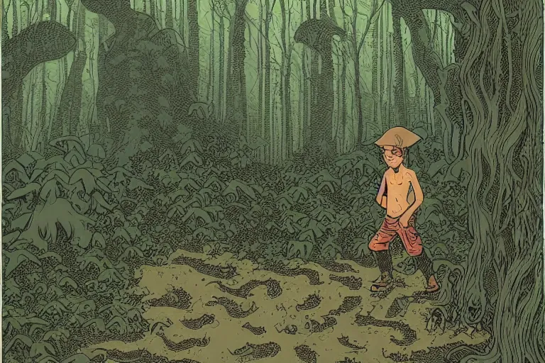 Image similar to a young boy entering a huge mysterious and fantastic forest with a cthulhu monster in a distant clearing, large path, mushrooms, lush exotic vegetation, very graphic illustration by jean giraud, drawing, yoshitaka amano and mike mignola vibe, clean line, colorful comics style, dynamic light