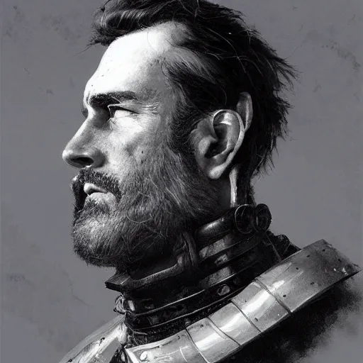 Prompt: Portrait of a middle aged Knight with big sideburns, mutton chops, detailed face, fantasy, highly detailed, cinematic lighting, digital art painting by greg rutkowski