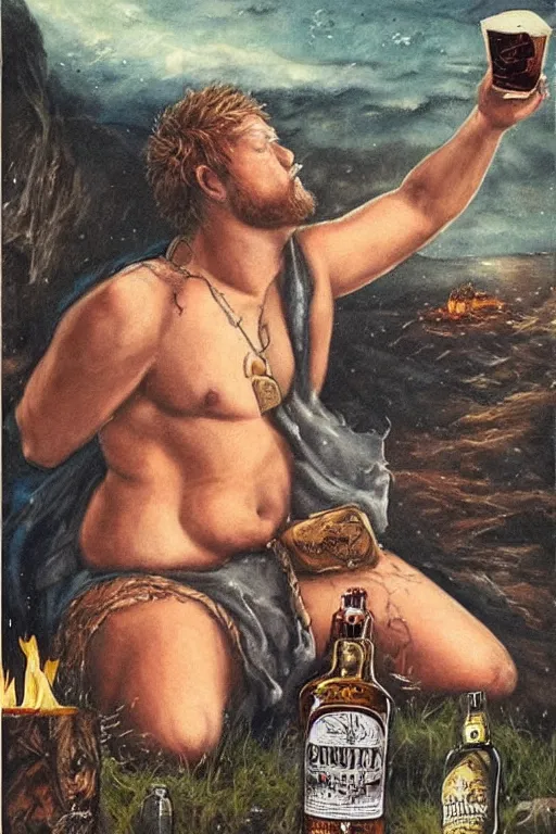 Prompt: a dramatic, epic, ethereal painting of a !!handsome!! thicc chunky beefy mischievous shirtless man !!cowboy!! with a big beer belly wearing a large belt and bandana offering a whiskey bottle | he is relaxing by a campfire | background is a late night with food and jugs of whisky | homoerotic | stars, tarot card, art deco, art nouveau, intricate | by Mark Maggiori (((and Alphonse Mucha))) | trending on artstation